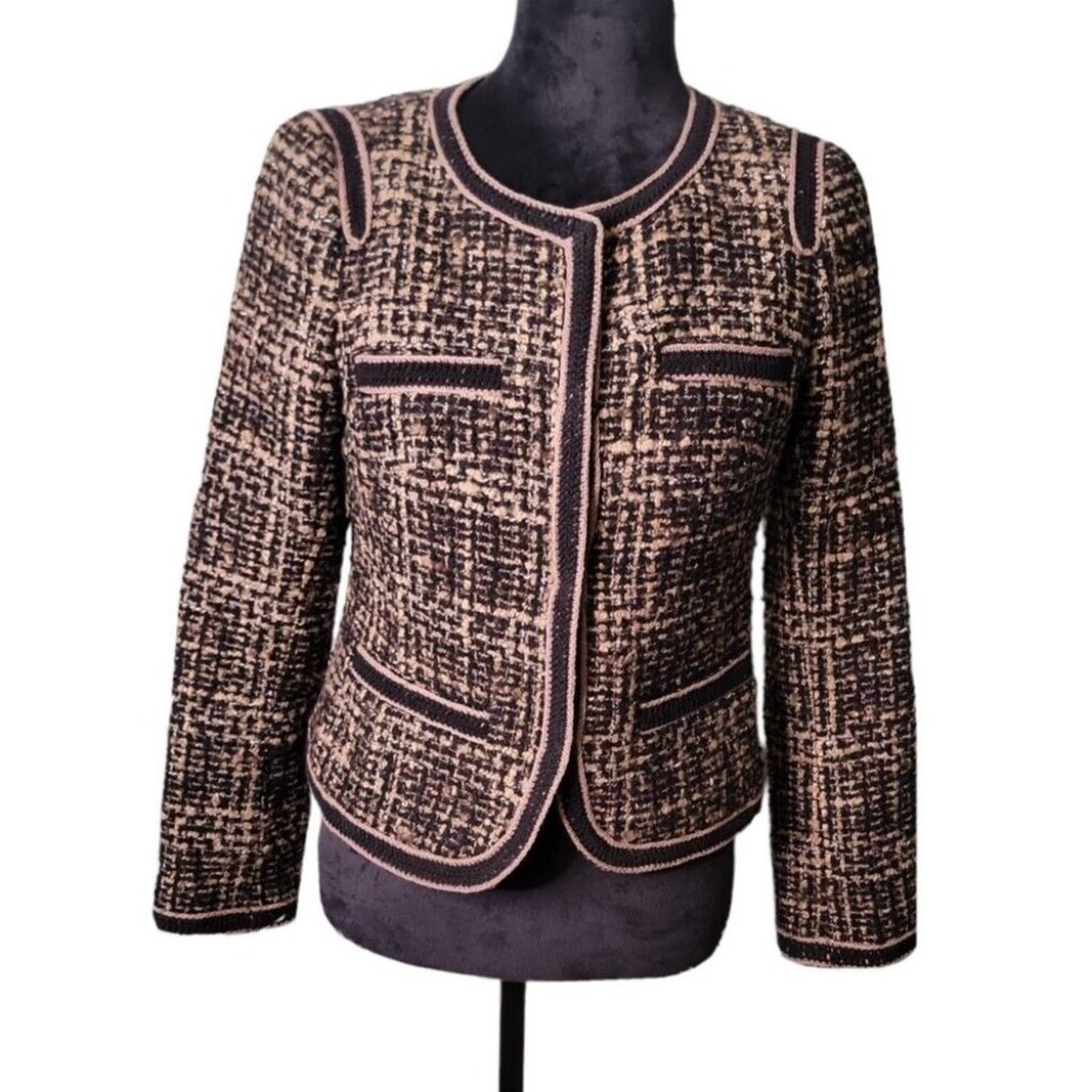 Trina Turk Brown & Black Woven Lined Jewel Neck Blazer Made in USA, Size 2